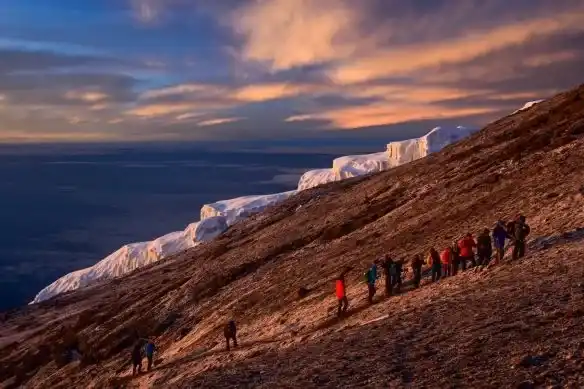 Climbers trekking Mount Kilimanjaro on a 15-day Kilimanjaro Serengeti and Zanzibar tour