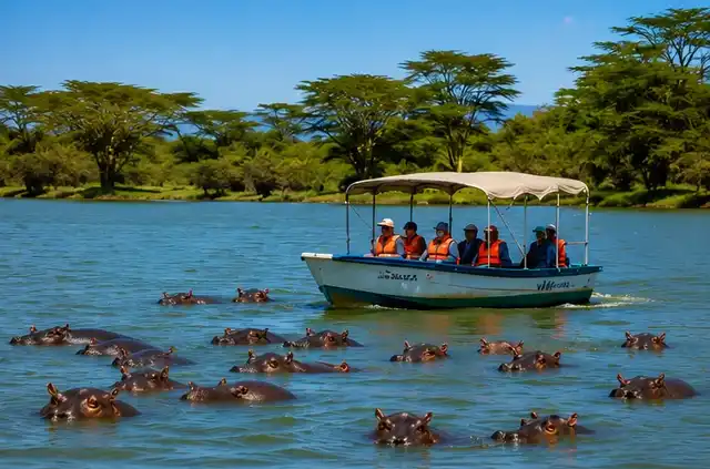 Tourists enjoying a boat ride on Lake Naivasha Kenya