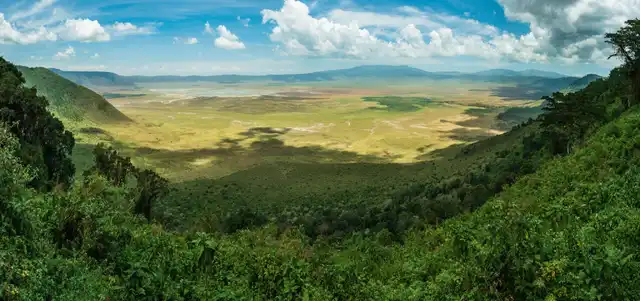 Panoramic view of Ngorongoro Crater and its wildlife-rich floor in Tanzania.