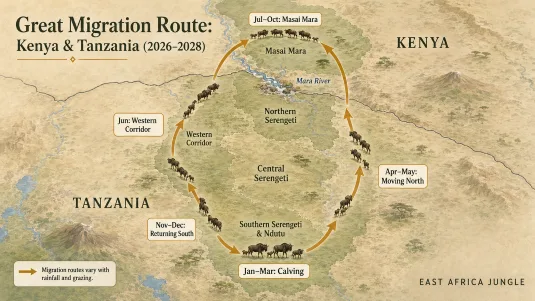 Great Migration Route Map: Kenya and Tanzania Great Migration route map showing wildebeest movements through Tanzania’s Serengeti and Kenya’s Masai Mara from January to December 2026–2028.